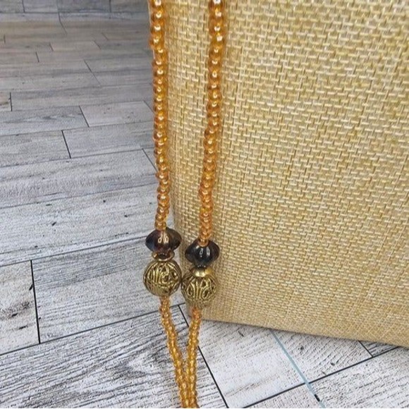 Robert Rose 2 Strands Orange Glass Beads with Goldtone, Clear & Iridescent Beads - Picture 4 of 7